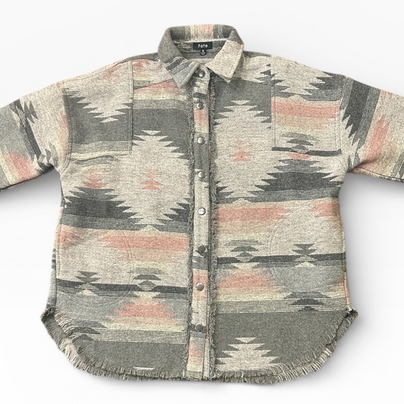 Fate Aztec Southwest Fringe Trim Long Sleeve Oversized Shacket Gray Size Small - Picture 7 of 12